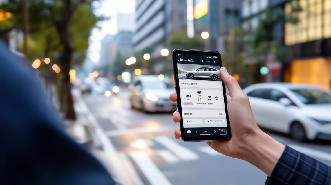 スマホでオートバックスの予約状況を確認する日本人
