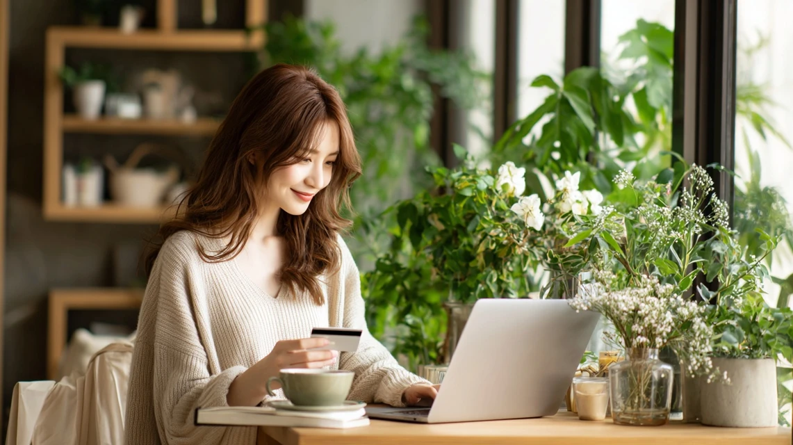 割引クーポンを比較して確認する女性