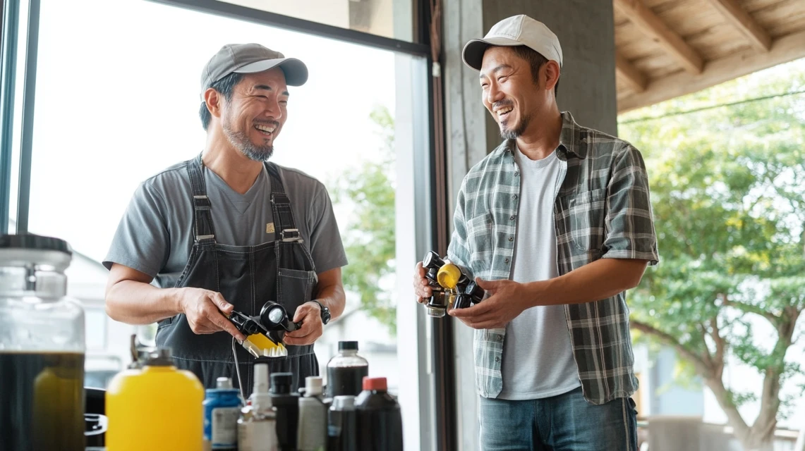 オイル交換で粘度と規格を選ぶ日本人整備士と客
