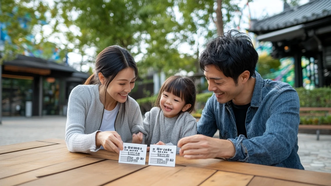 家族が2枚のチケットを見比べて選んでいる