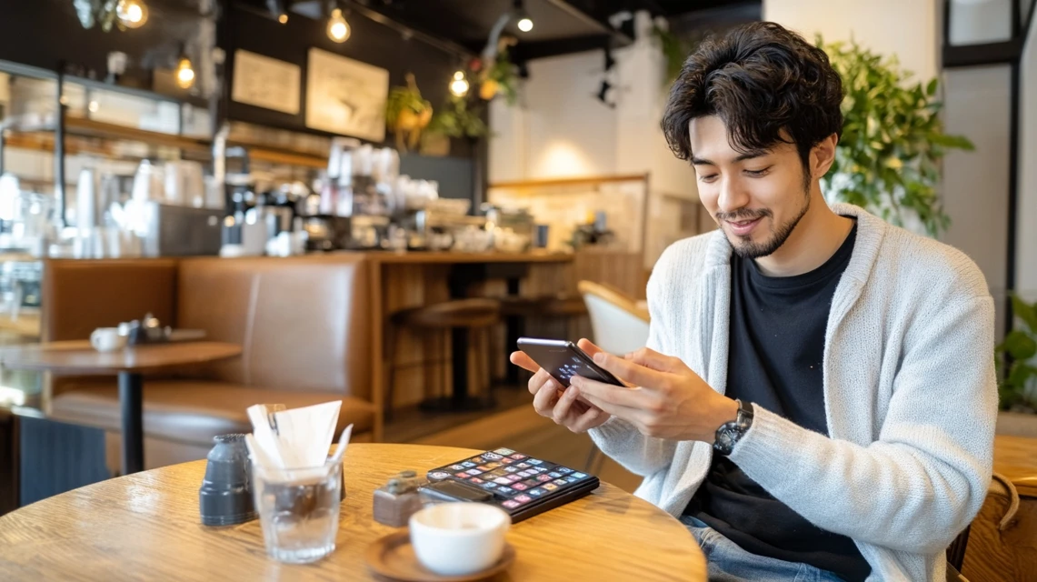 男性がスマホとカードを手に特典を確認