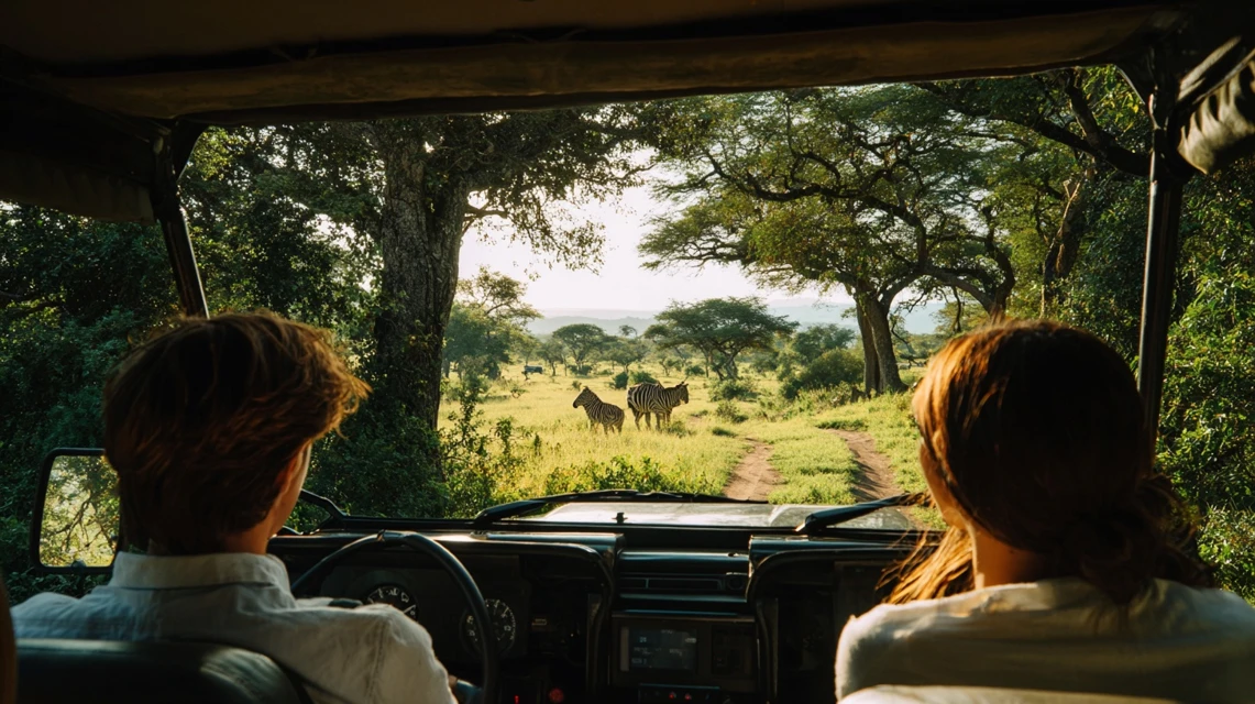 車から動物を眺める日本人カップル