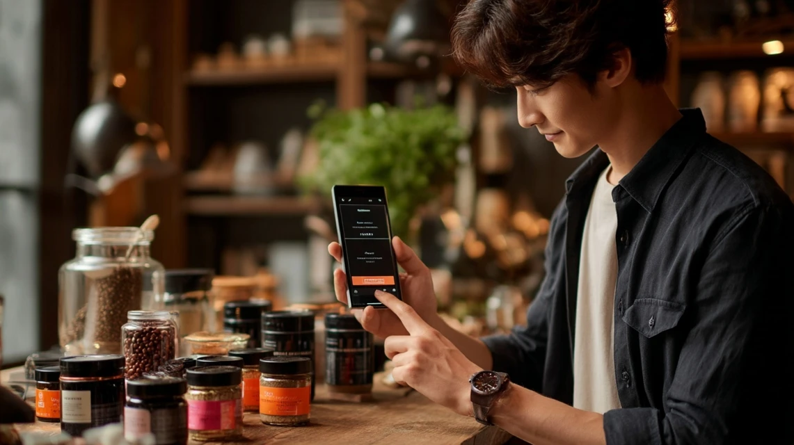 クーポンの有効期限をスマホで確認する日本人男性