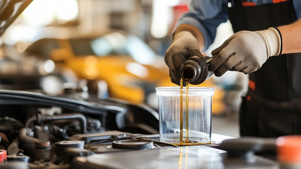 オートバックスでオイルを量り売り購入する日本人整備士
