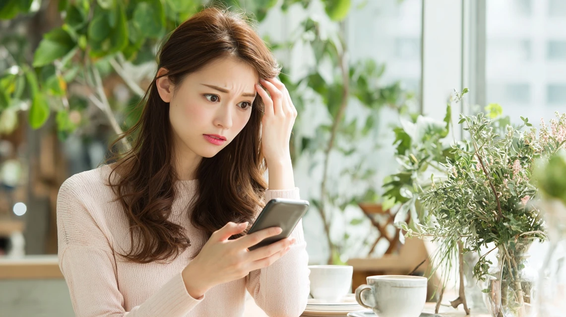 スマホ登録画面に困る表情の女性