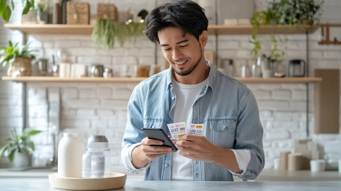 男性がスマホで特典情報を確認中