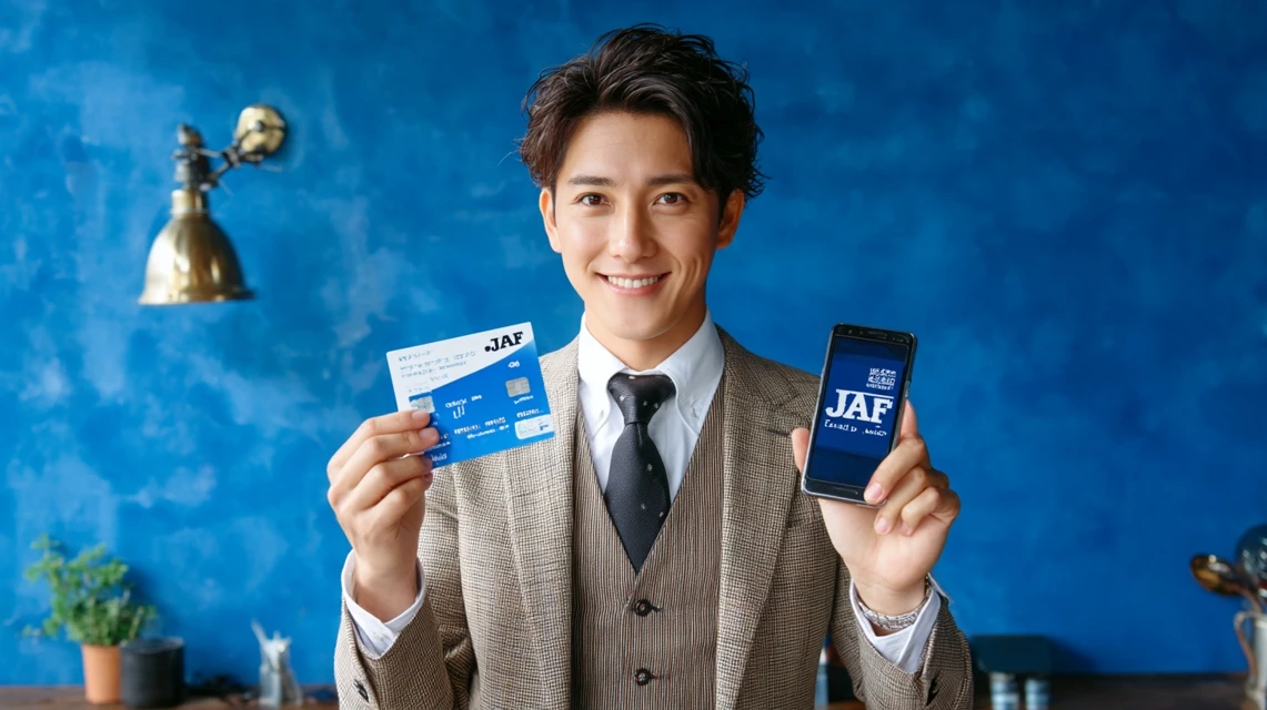 スマホでJAF優待を提示する日本人男性