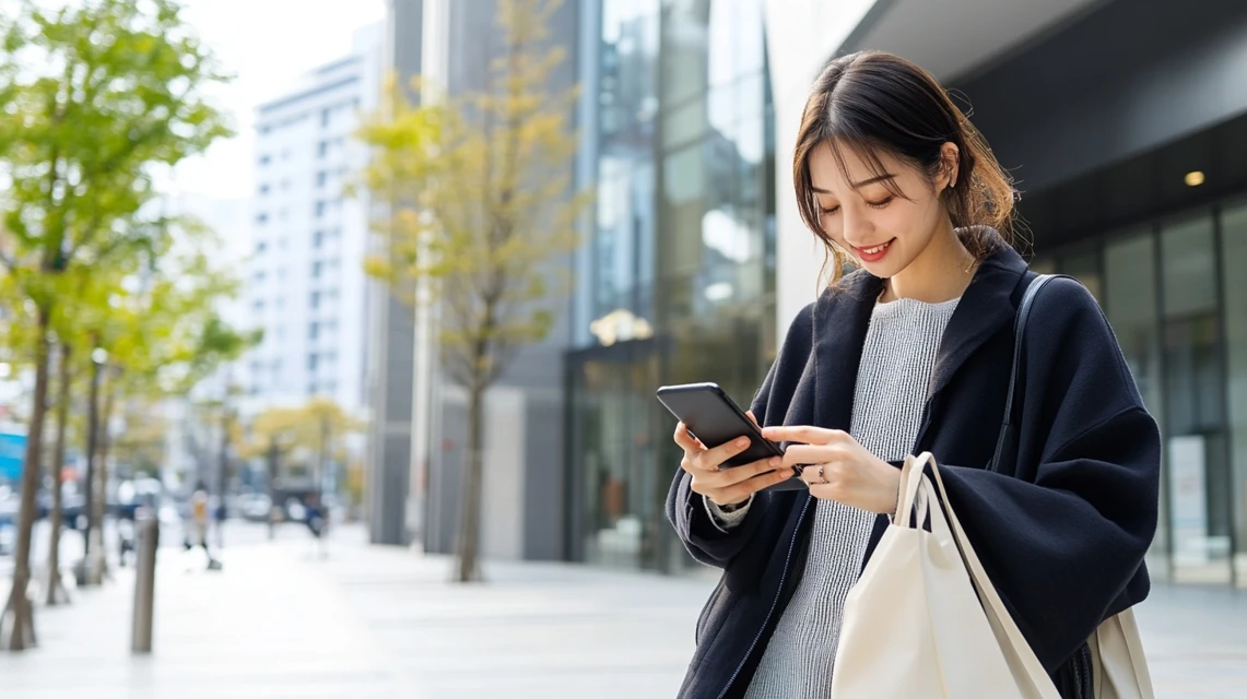 女性がスマホで割引情報を検索している