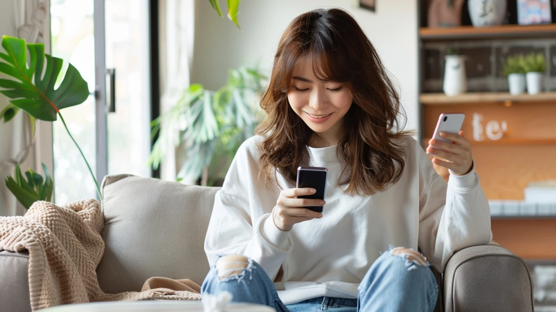 価格差を比較する日本人がスマホを操作する場面