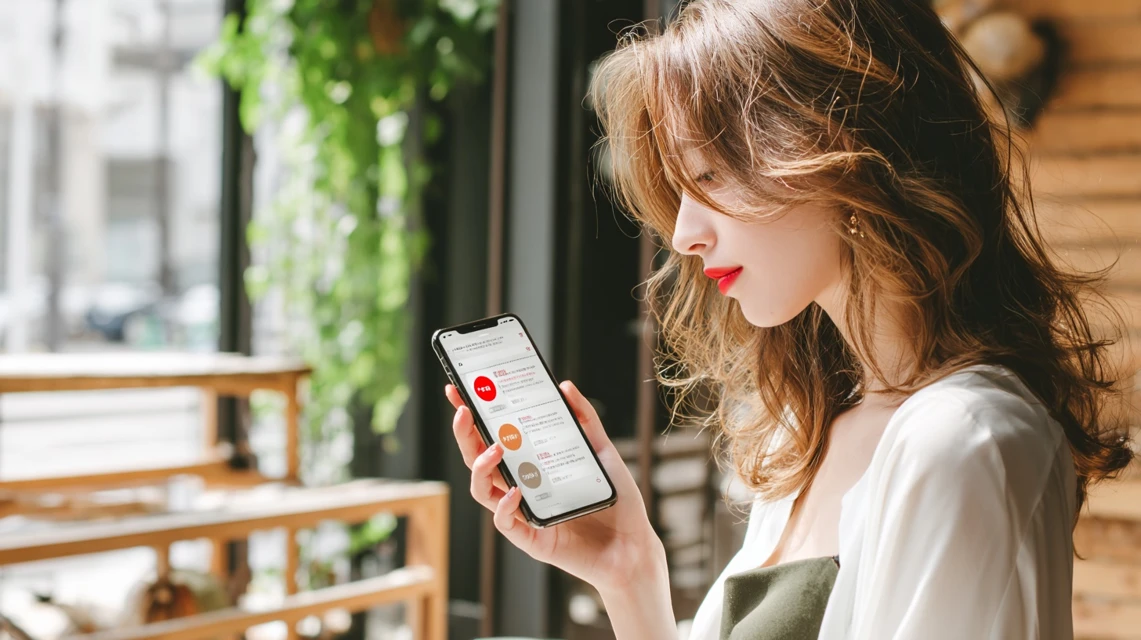 LINEアプリでクーポンを探す日本人女性
