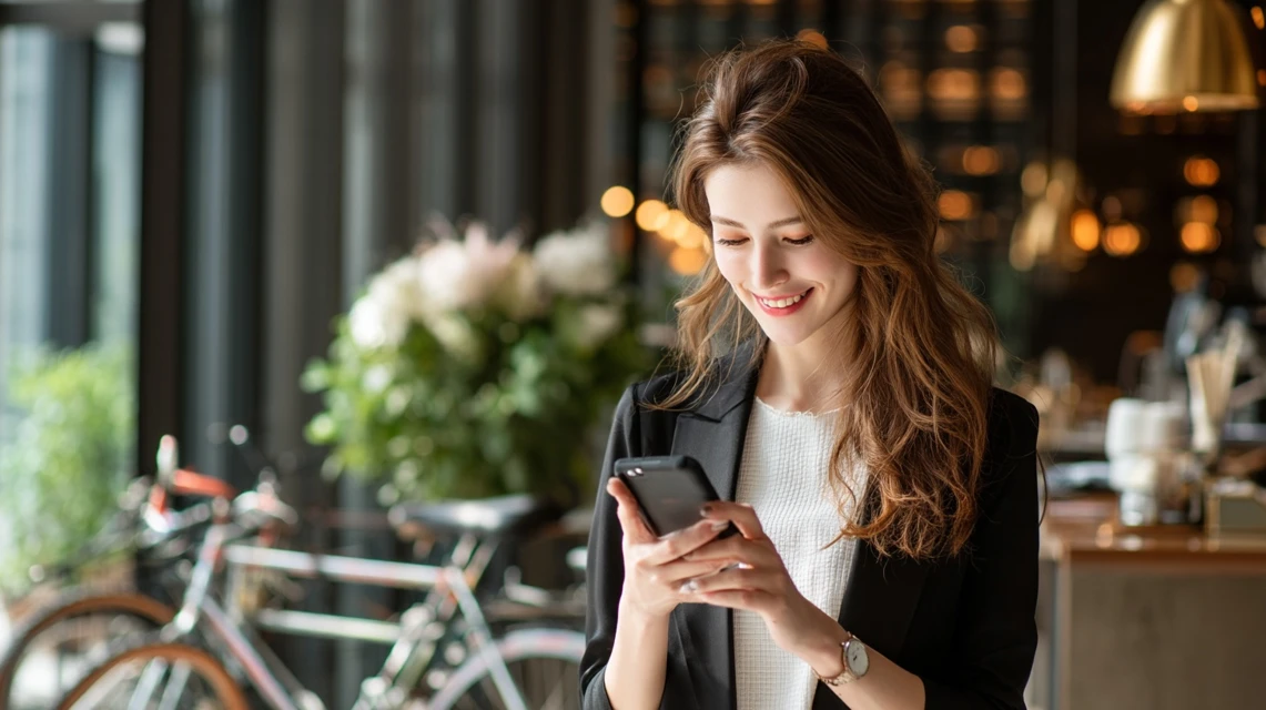 スマートフォンで特典情報を探す日本人女性の笑顔