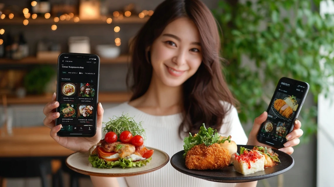 スマホでかつ銀とかつやのアプリを比較する女性