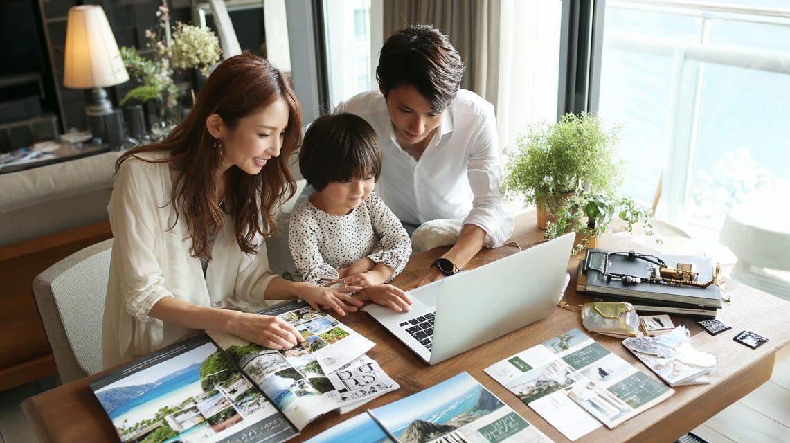 家族で旅行計画を立てる日本人ファミリー