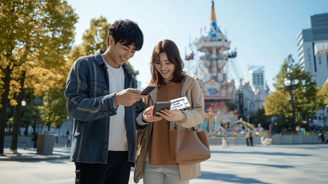 カップルがスマホで割引チケットを確認中