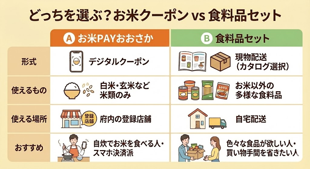 当サイト作成：お米クーポン vs 食料品セットの比較図解