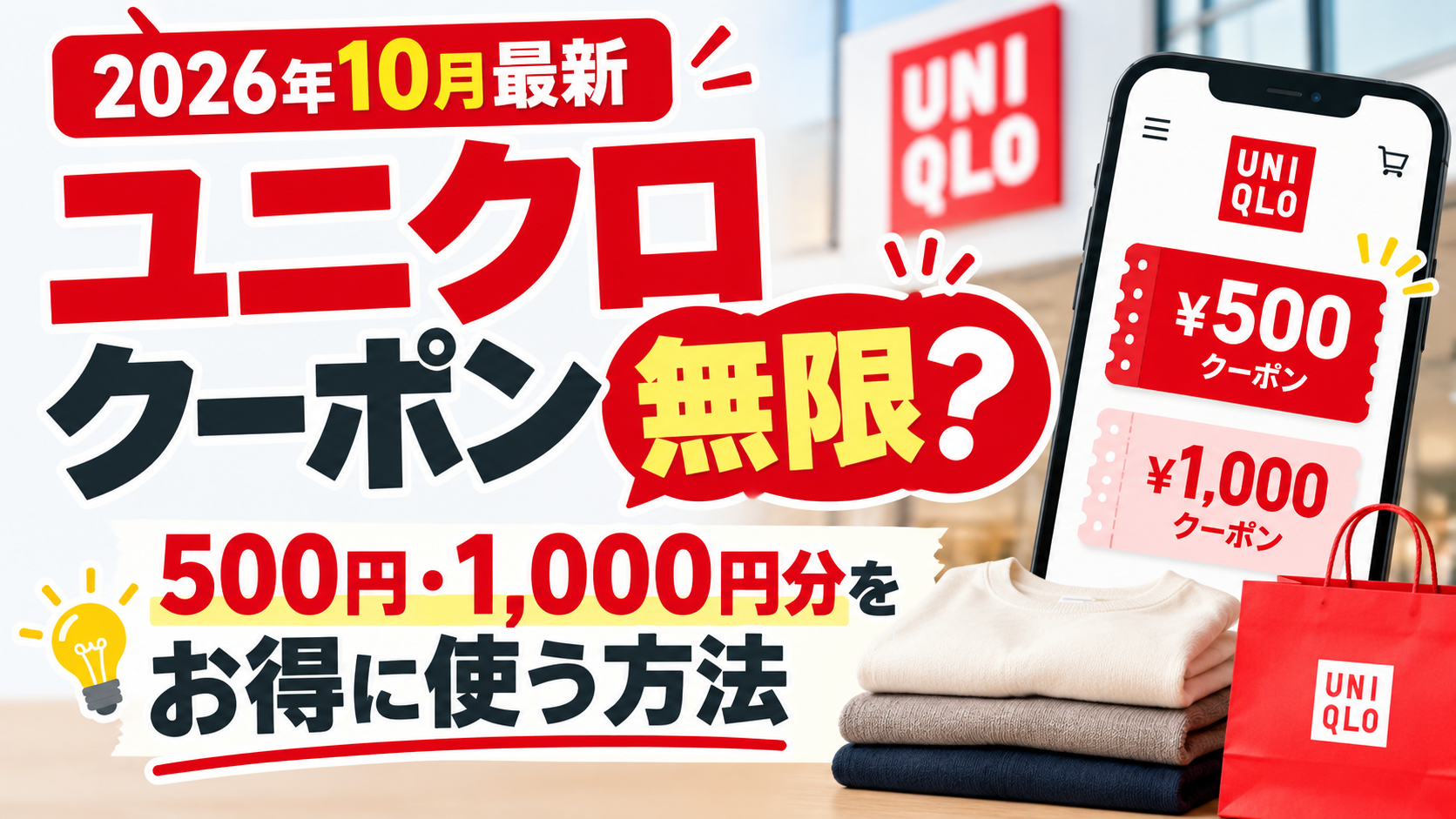 2026年10月最新のユニクロクーポンは無限に使えるかを解説し、500円・1,000円分の割引をお得に使う方法を紹介するアイキャッチ画像