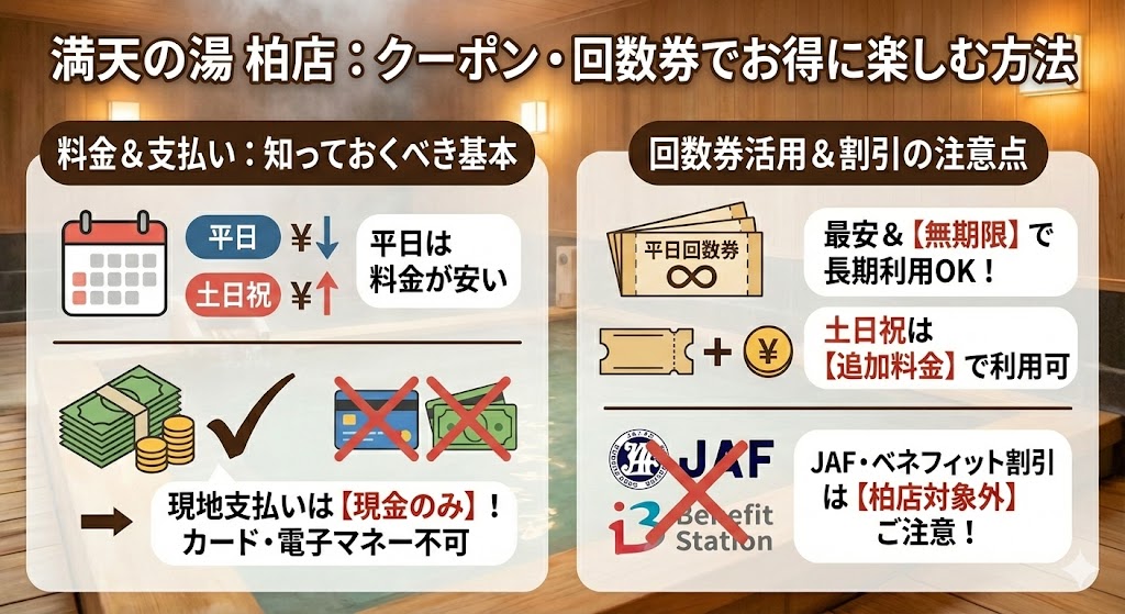 当サイト作成：満天の湯のクーポンを柏で使ってお得に温泉を楽しむ方法をまとめたアイキャッチ画像