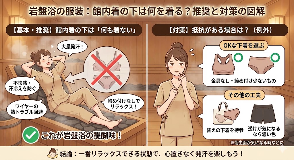 岩盤浴では下に何を着る？のかの図解