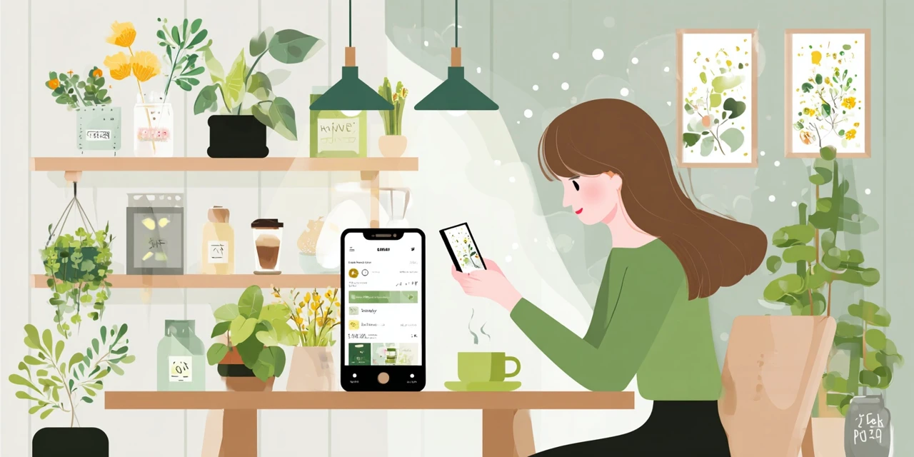 楽天クーポンを店舗で使う流れを見る女性