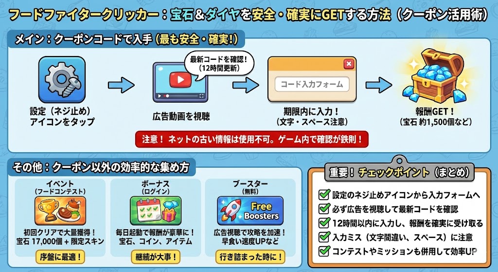 クーポンコード一覧を使って宝石とダイヤを入手する方法図解