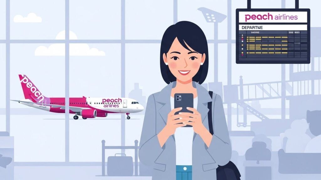 ピーチ航空の空港で美人日本人観光客女性が微笑んでスマホを見ている
