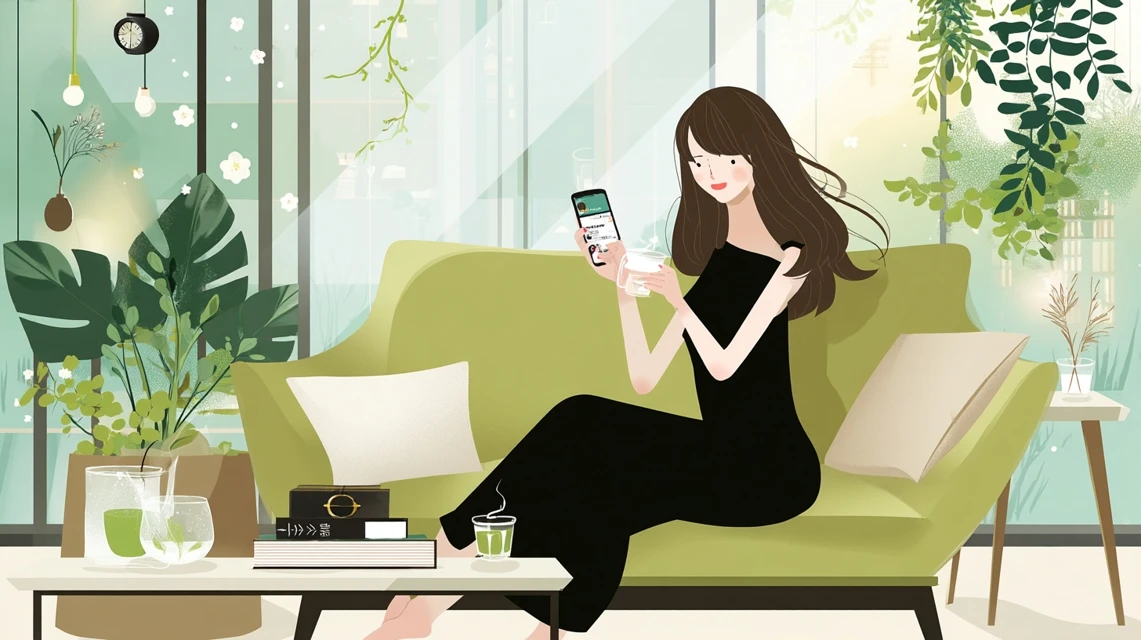 女性が取得条件を確認する図