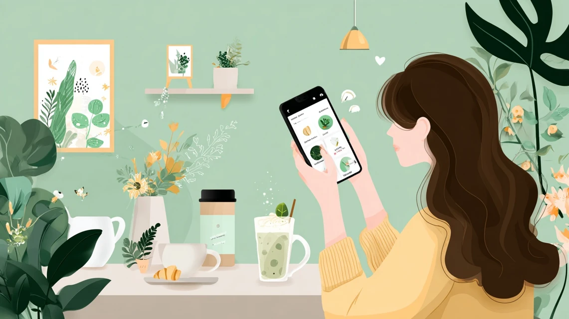 店舗受け取りの方法を確認する女性