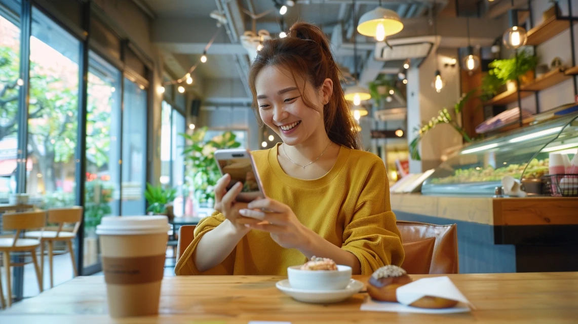 スマホに表示されたクーポンを見る女性