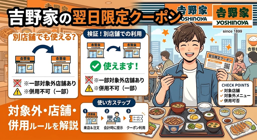 吉野家の翌日限定クーポンは別店舗でも使える？対象外店舗・併用ルール・使い方を解説