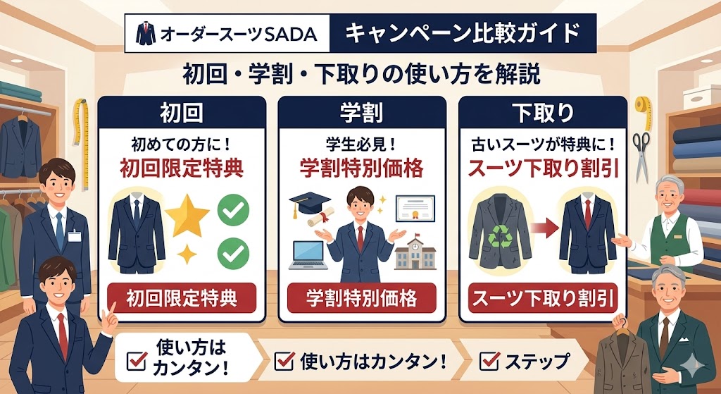 オーダースーツSADAのキャンペーン比較ガイド｜初回・学割・下取りの使い方を解説