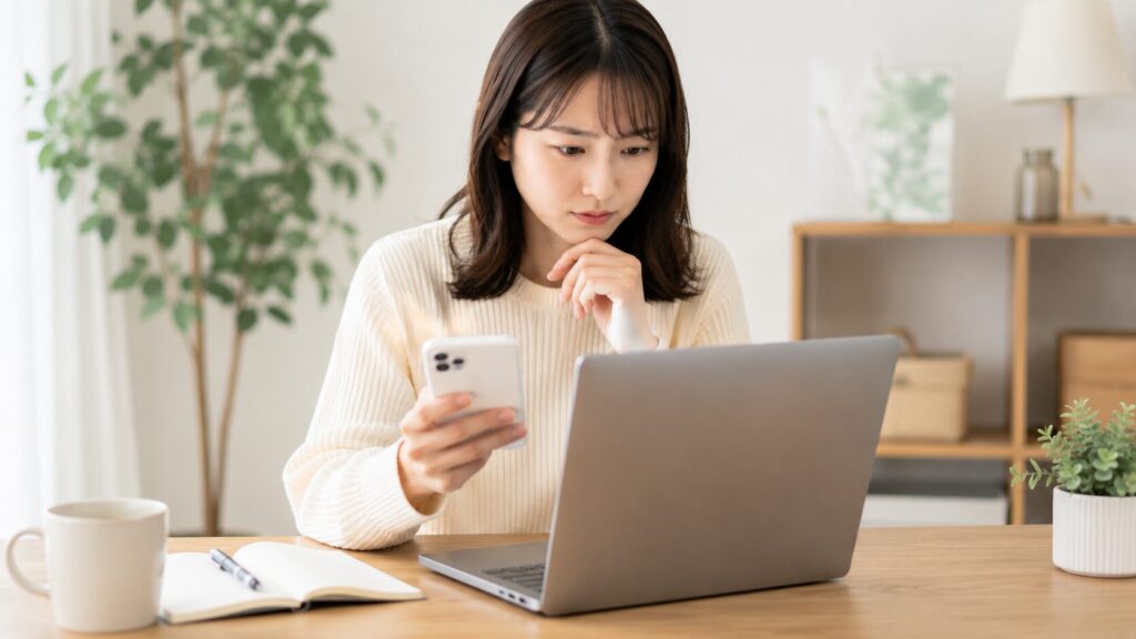 LIPSクーポンコードをメガ割の商品へ適用できたか確認する女性