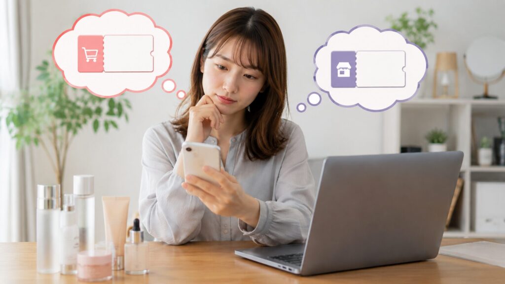日本人女性が自宅のテーブルでスマートフォンを見ながら二種類のクーポンを比較して考えているシーン