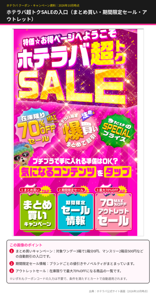 ホテラバ超トクSALEの特設ページ。在庫限り最大70%OFFセール、ホテラバ限定まとめ買い割引、まとめ買いキャンペーン・期間限定セール情報・アウトレットセールの3つのボタン