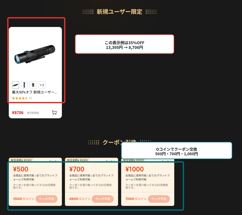Olight新規ユーザー限定35%OFF商品とOコインの500円・700円・1000円クーポン交換画面