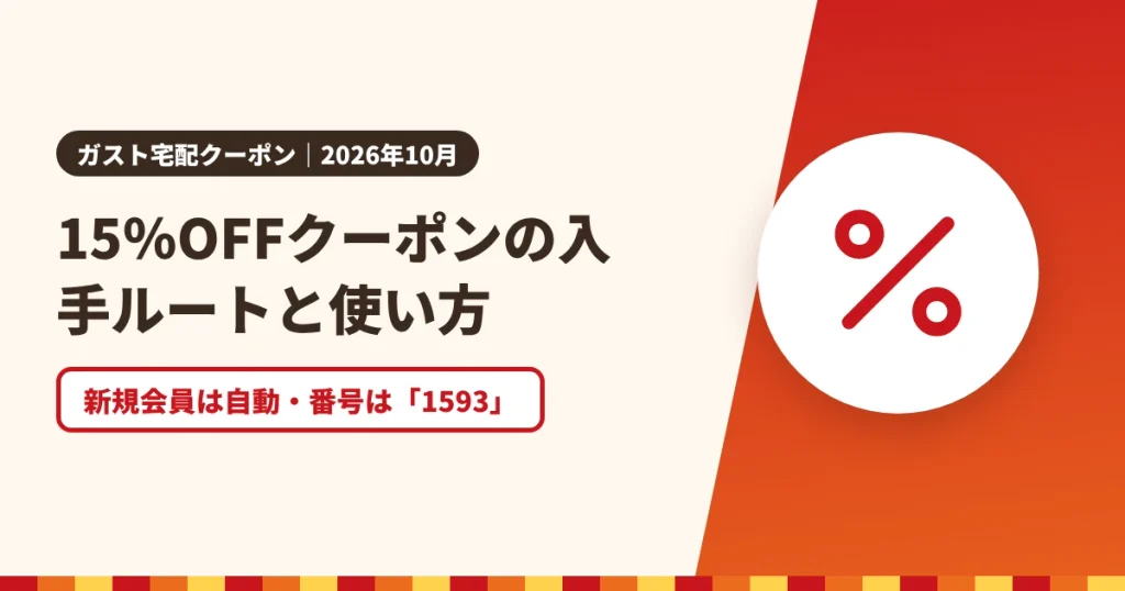 15％OFFクーポンの入手ルートと使い方のアイキャッチ画像。新規会員は自動・番号は「1593」