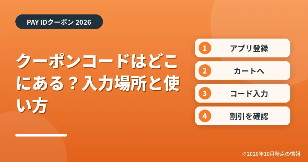 「クーポンコードはどこにある？入力場所と使い方」の見出し画像。PAY IDクーポン2026年の情報をまとめたアイキャッチ