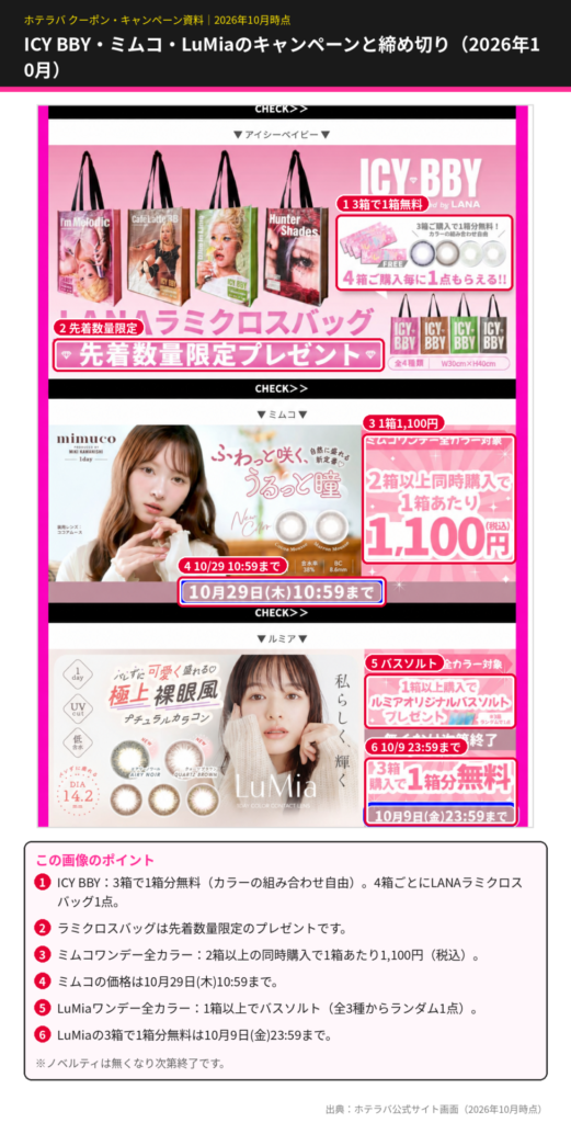 ホテラバの2026年10月キャンペーン。ICY BBYは3箱で1箱無料と4箱ごとにラミクロスバッグ、ミムコワンデーは2箱以上で1箱1,100円で10月29日10時59分まで、LuMiaワンデーは3箱で1箱無料で10月9日23時59分まで