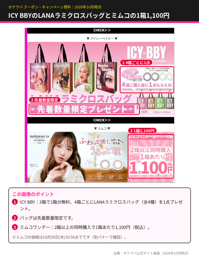 ホテラバのICY BBYキャンペーン。3箱購入で1箱分無料、4箱ごとにLANAラミクロスバッグを先着数量限定でプレゼント。ミムコワンデーは2箱以上同時購入で1箱あたり1,100円