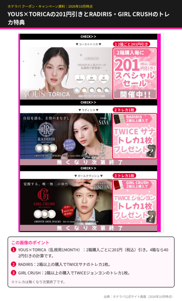 ホテラバのキャンペーン。LENSMEのYOUS×TORICAは2箱購入ごとに201円引き、RADIRISは2箱以上でTWICEサナのトレカ、GIRL CRUSHは2箱以上でTWICEジョンヨンのトレカをプレゼント