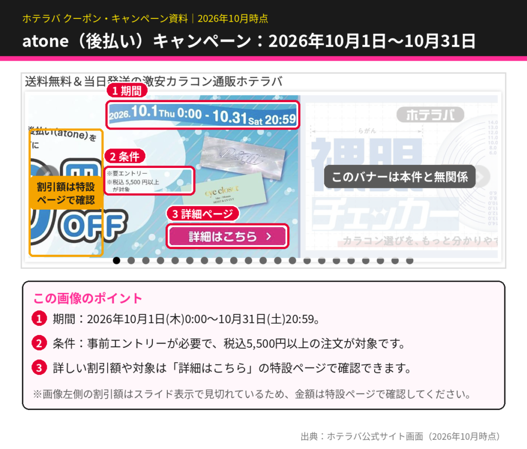 ホテラバ公式サイトのatone後払いキャンペーンのバナー。期間は2026年10月1日0時から10月31日20時59分まで、要エントリー、税込5,500円以上の注文が対象