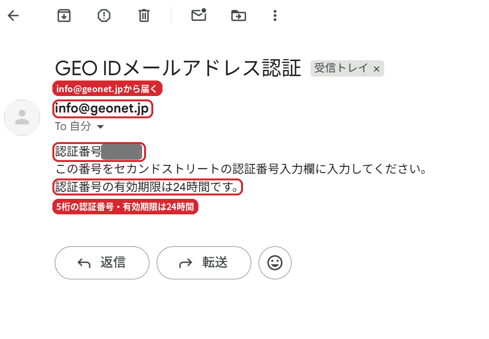 GEO IDメールアドレス認証で届く認証番号メール(有効期限24時間)
