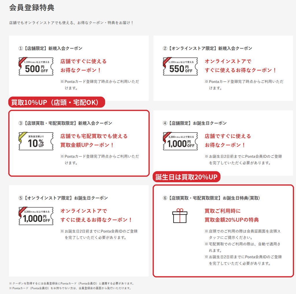 セカンドストリート会員登録特典の買取10%UPクーポンと誕生日の買取20%UP特典