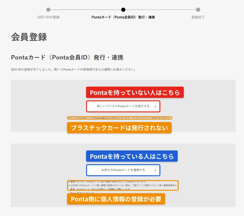 Pontaカード発行・連携画面。Pontaを持っていない人はデジタルPontaを新規発行、持っている人は手持ちのカードを連携する