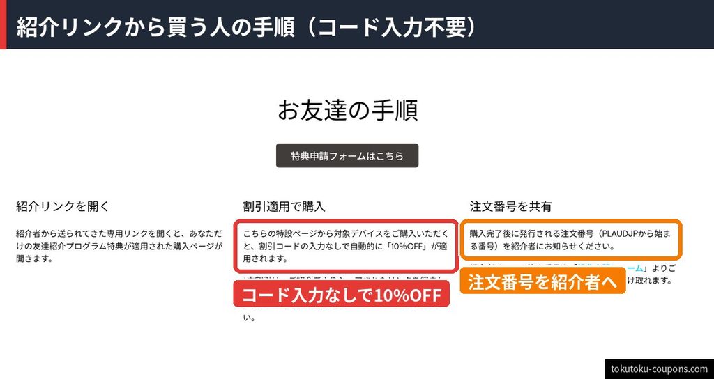 Plaud友達紹介プログラムのお友達側の手順。紹介リンクを開き、特設ページから購入すると割引コードの入力なしで10%OFFが自動適用される