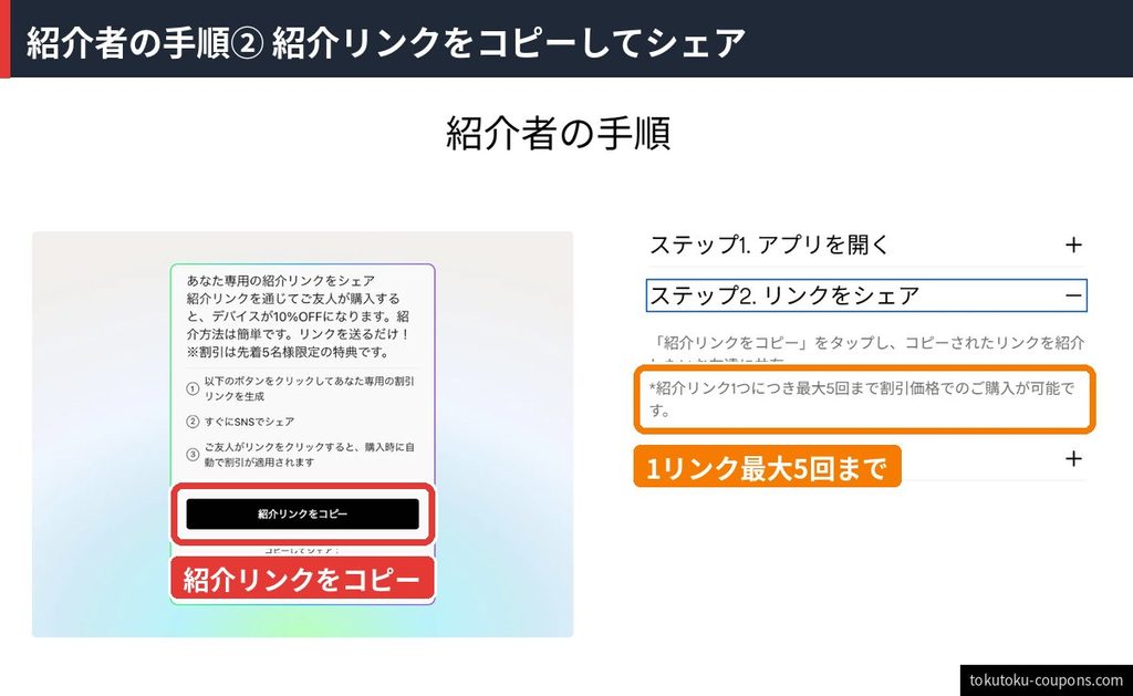 Plaud友達紹介プログラム紹介者の手順2。「紹介リンクをコピー」をタップして友達に共有。紹介リンク1つにつき最大5回まで割引購入が可能