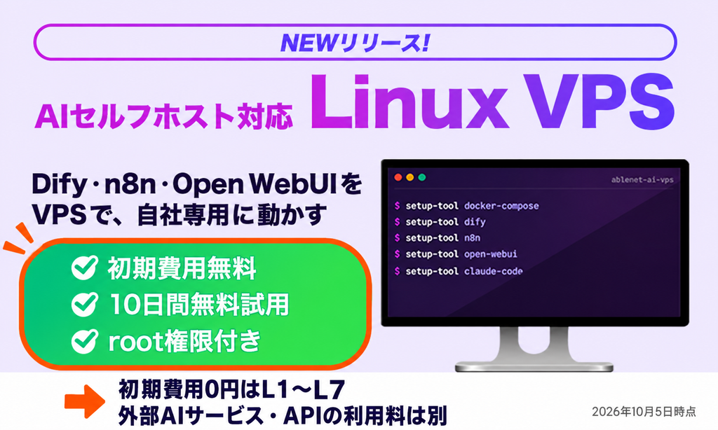 ABLENETのAIセルフホスト対応Linux VPSの無料試用と、初期費用0円の対象がL1〜L7であることを示す案内