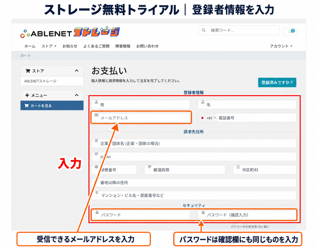 ABLENETストレージ無料トライアルの登録者情報入力画面と、メールアドレス・パスワードの入力箇所