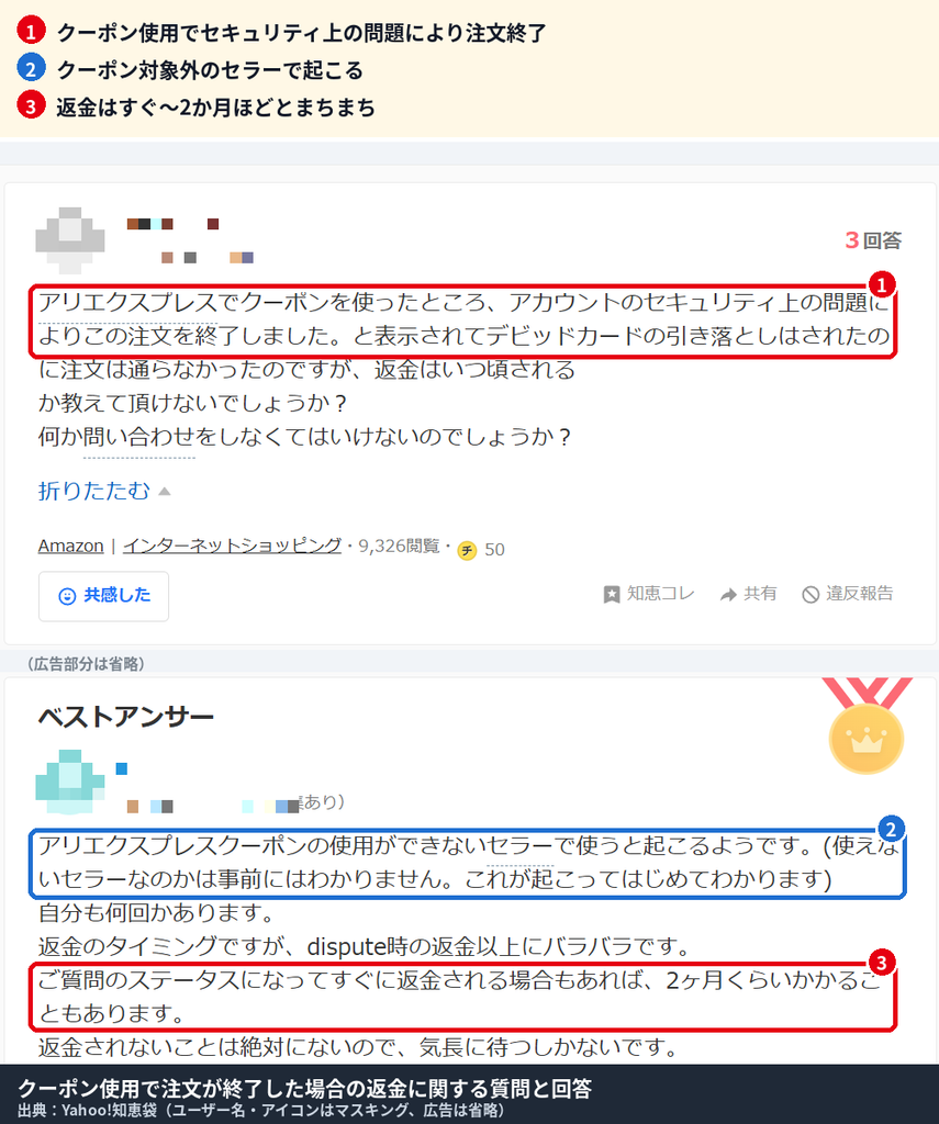 アリエクでクーポンを使った注文がセキュリティ上の問題で終了し、返金時期はすぐの場合から2か月ほどかかる場合まであると回答された知恵袋の画面