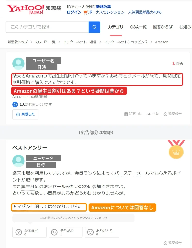 Yahoo!知恵袋で楽天とAmazonに誕生日割引があるかを尋ねた質問と回答の画面(ユーザー名はマスキング済み)