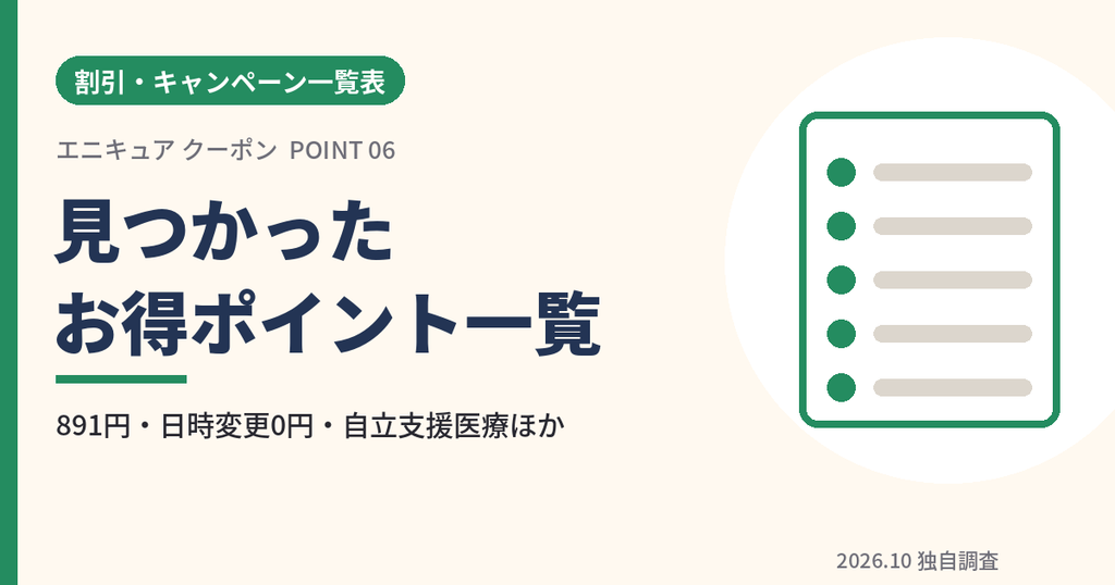 エニキュアで見つかった割引やお得ポイントの一覧表のアイキャッチ画像